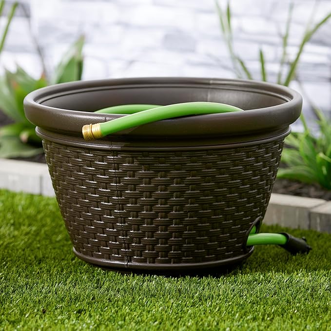 Suncast 2 Pack Decorative Wicker Garden Hose Holder Pot with 4 Drain Holes fo...