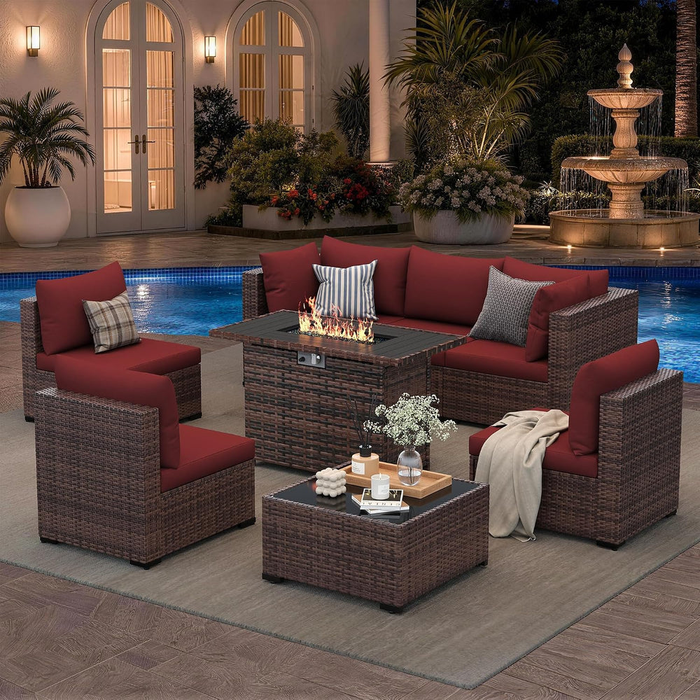UDPATIO Patio Furniture Set with Fire Pit Table, 8-Piece Wicker Patio Set