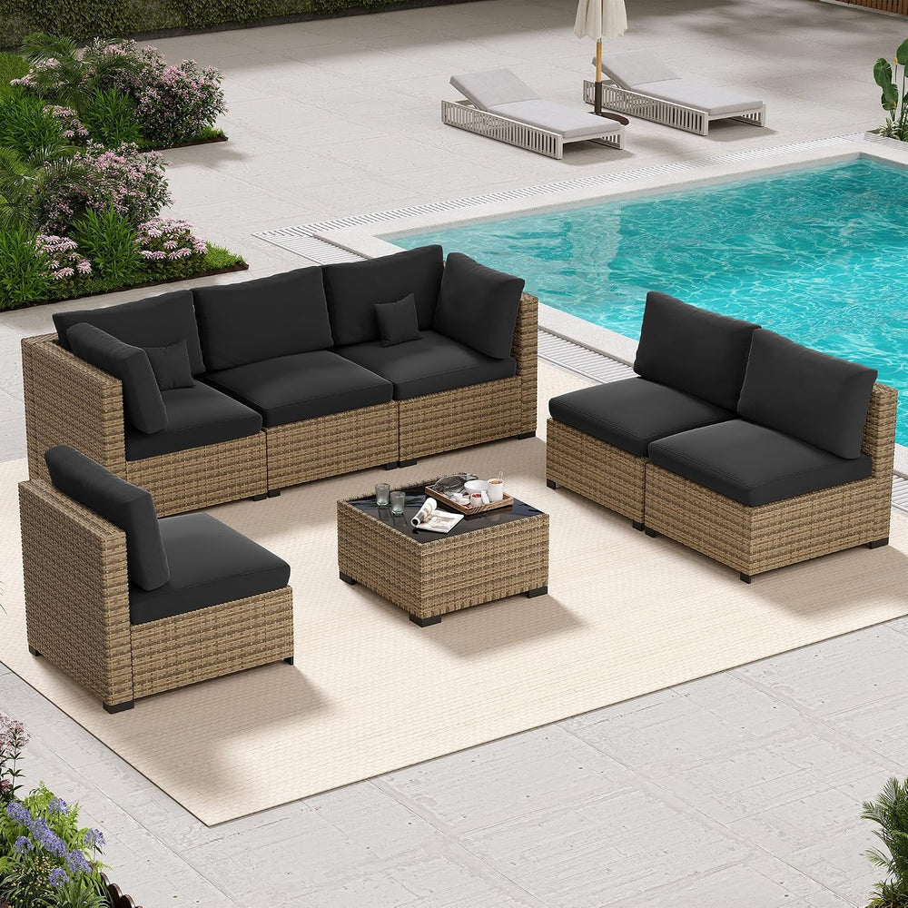 LHBcraft 7 Piece Outside Sectional Furniture Set, All Weather Wicker Patio So...