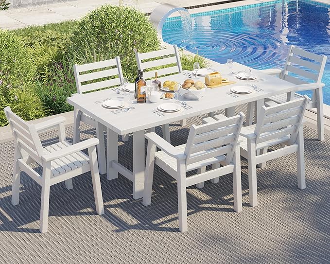 AMERLIFE 7-Piece HDPE Outdoor Dining Set with Umbrella Hole, 71" L Patio...