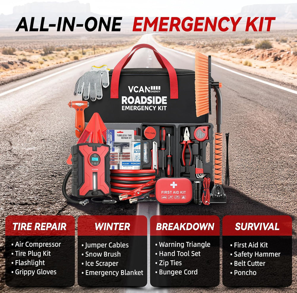 Car Emergency Safety Kit Bag with Portable Air Compressor, Jumper Cables,Firs...