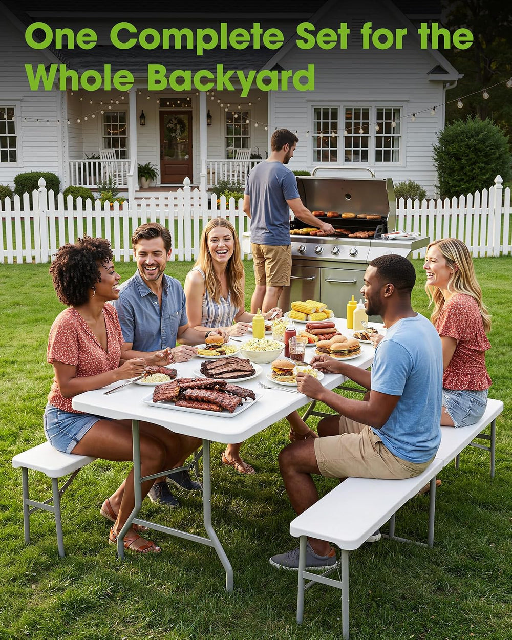 Pureegg 6FT Folding Table and 2 Chairs Set, Sturdy, Picnic, White