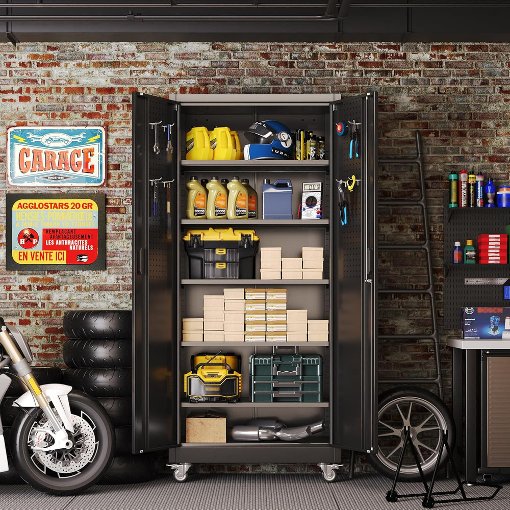 Aobabo 71" Metal Storage Cabinet with Wheels, 5 Shelves & Pegboards,...