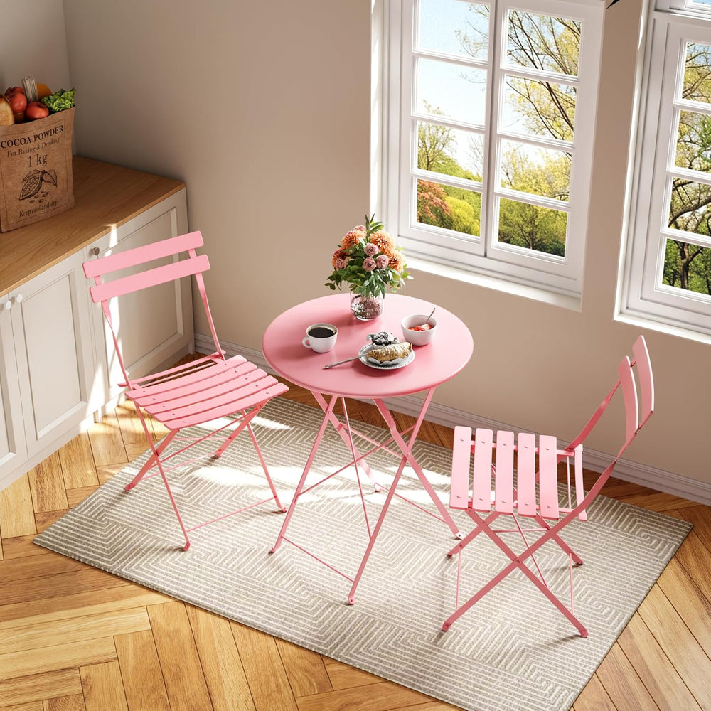 Bistro Table and Chairs Set of 2, 3 Piece Folding Patio Bistro Set, Pink