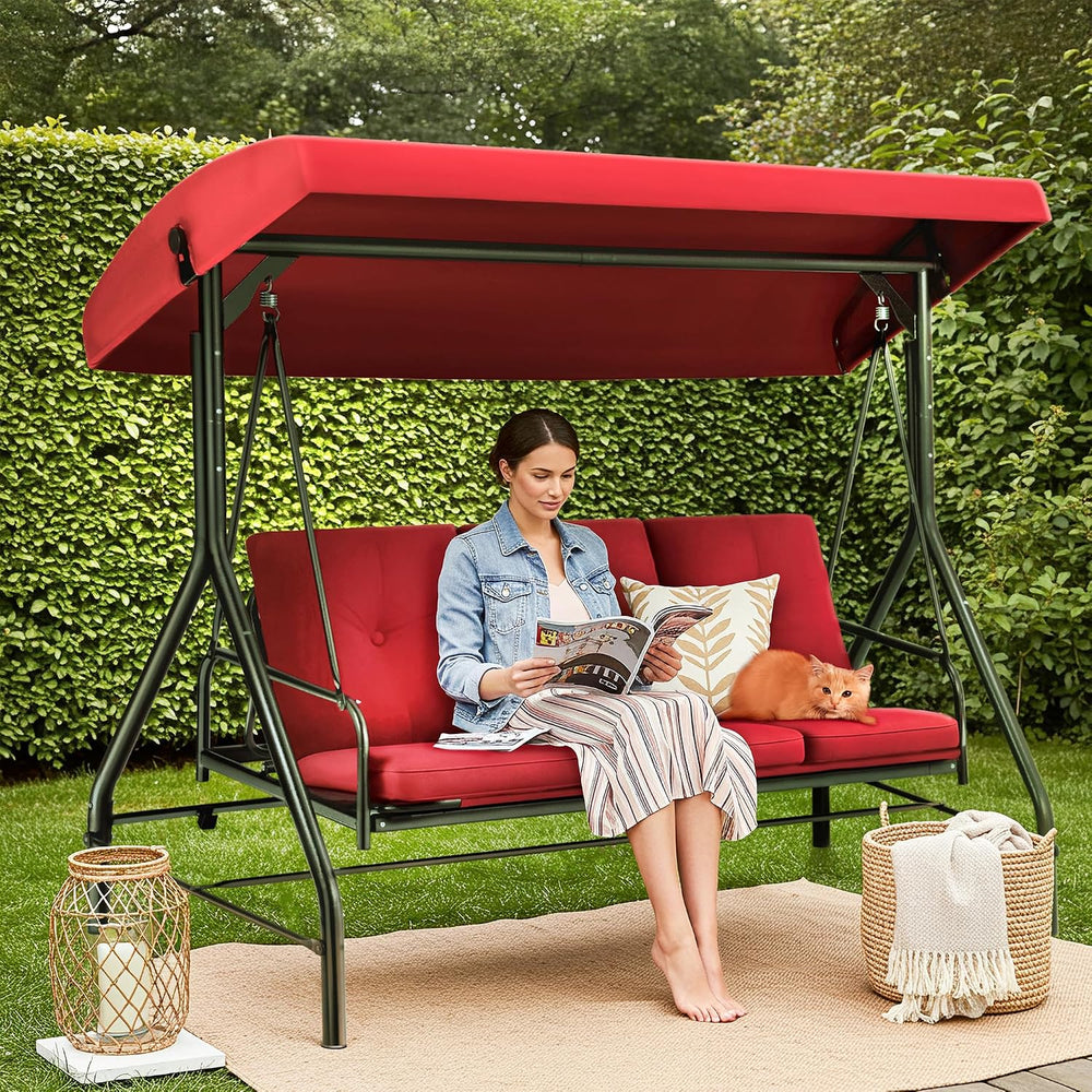 3 Seat Outdoor Patio Swing with Canopy, Convertible Glider Bed, Cushions