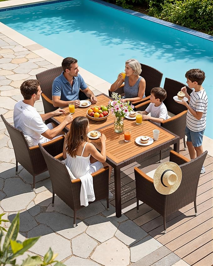 Flamaker 7 Piece Patio Dining Set Outdoor Acacia Wood Table and Chairs with S...