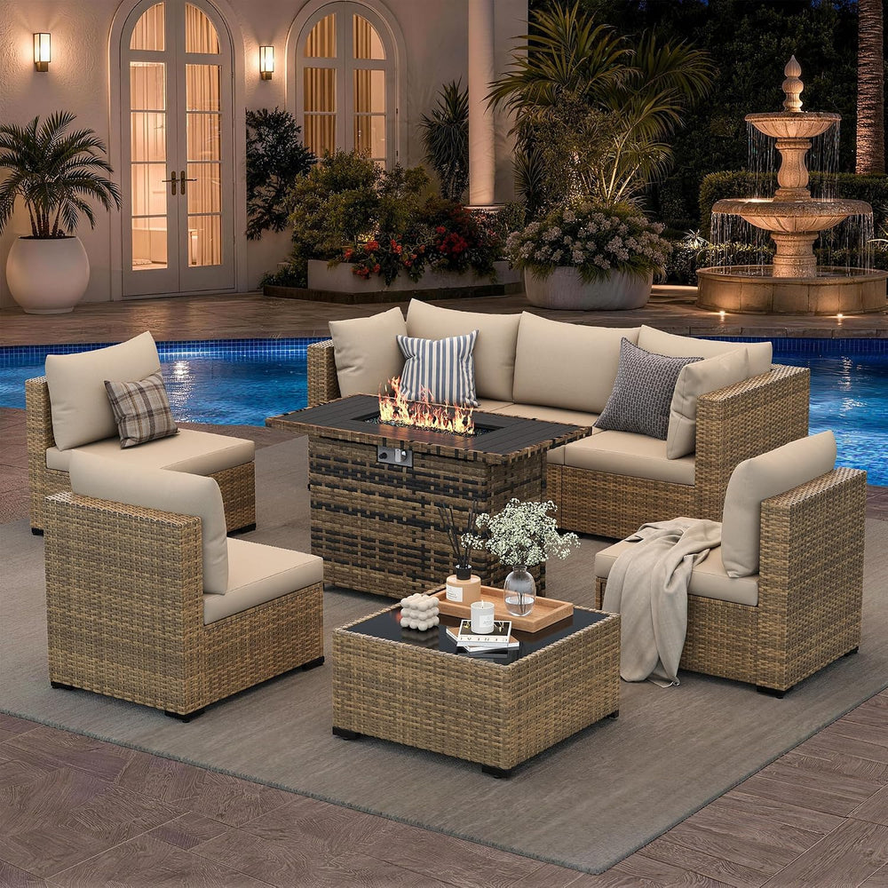 UDPATIO Patio Furniture Set with Fire Pit Table, 8-Piece Wicker Patio Set
