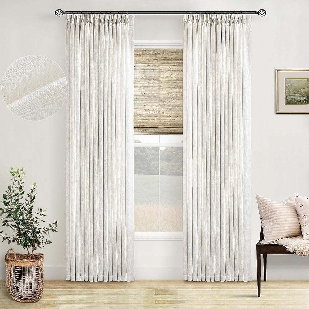 TWODRAPES Natural Pinch Pleated Linen Curtains 96 Inches Long Living Room