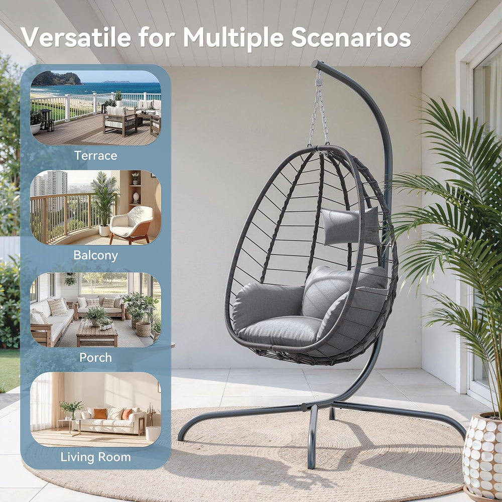 ALAULM Foldable Egg Chair with Stand, 485LBS Capacity Wicker Rattan Hammock S...