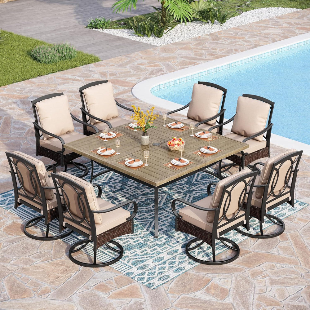 PHI VILLA 9pc Outdoor Dining Set, 57" Square Table, Rattan Chairs