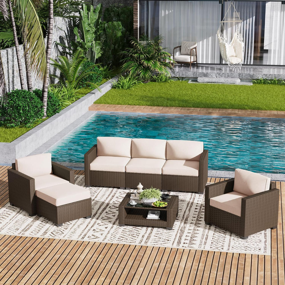 LOUVIXA 7 Piece Outdoor Patio Furniture Set, Rattan Chairs Glass Table Wicker...