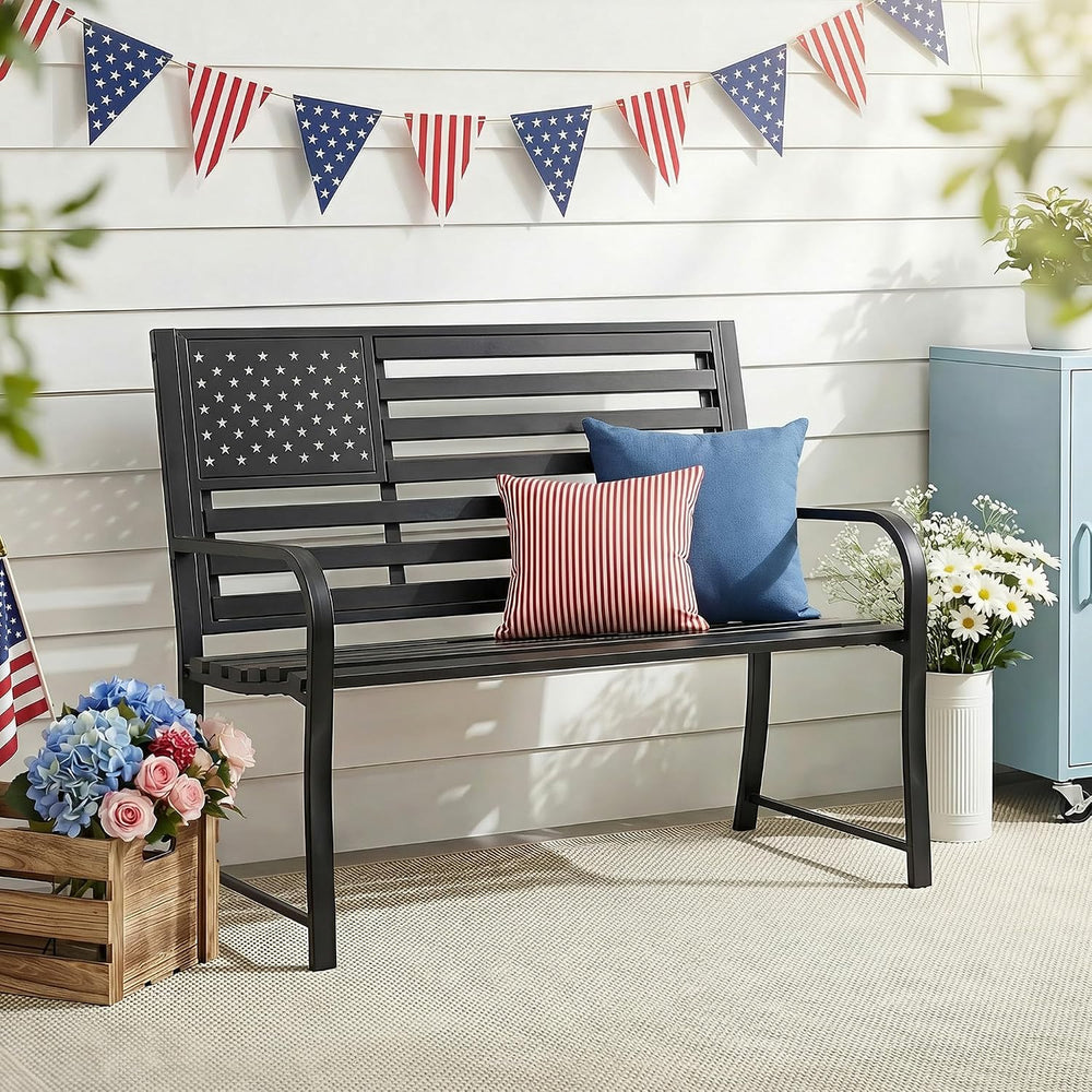 50" Garden Bench Outdoor Bench with American Flag Style, Cast Iron Metal...