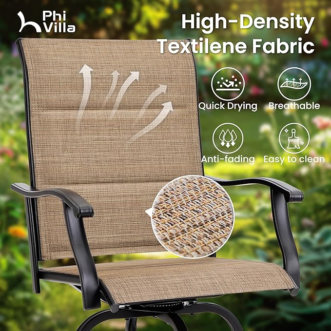 PHI VILLA 3 Piece Outdoor Swivel Bar Stools Set, Bar Height Patio Set with 2 ...
