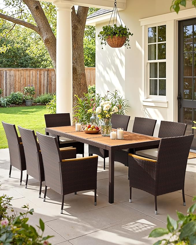 Flamaker 9 Piece Patio Dining Set Outdoor Acacia Wood Table and Chairs with S...