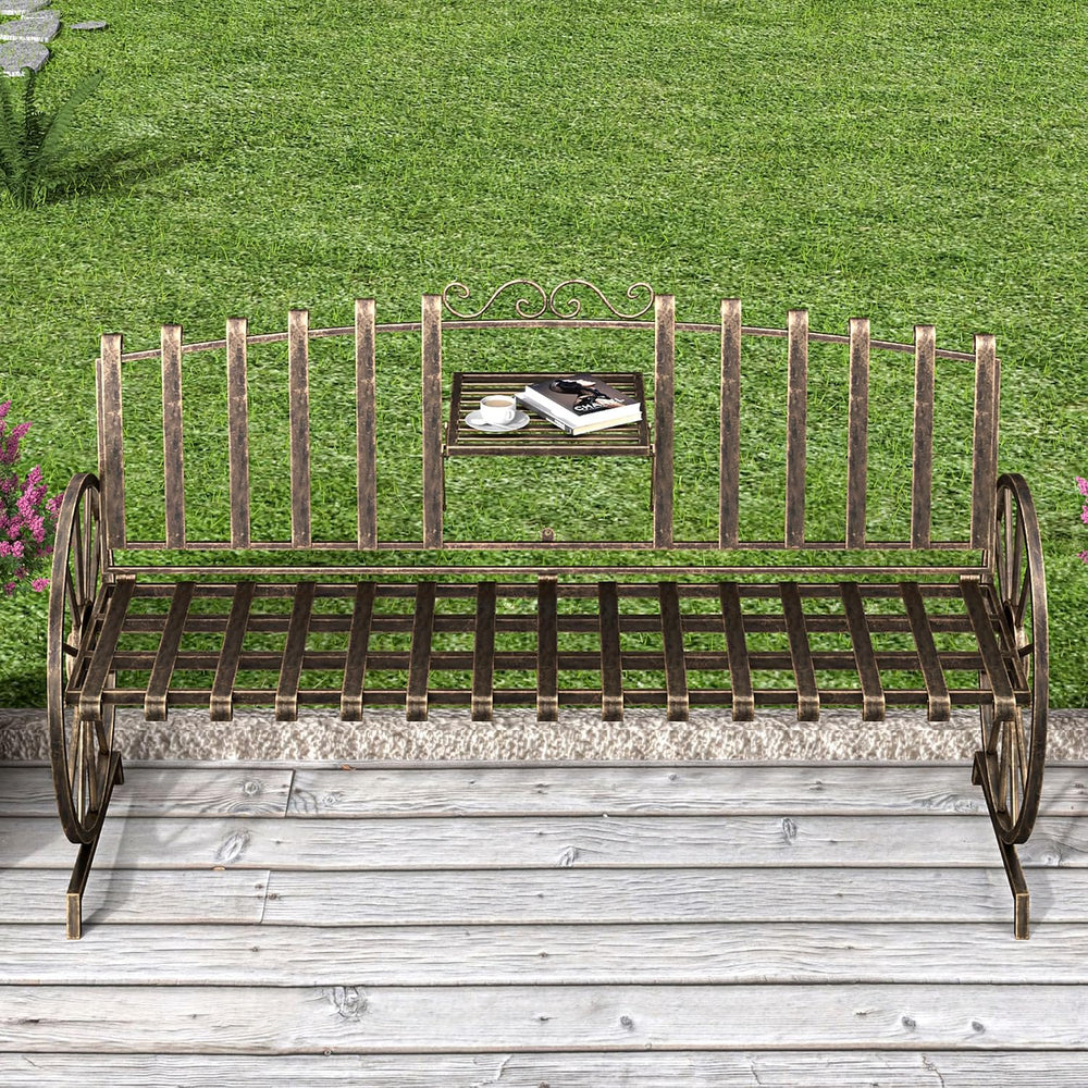 Outdoor Bench Patio Outdoor Garden Bench with Built-in Table, Wagon Wheel Arm...