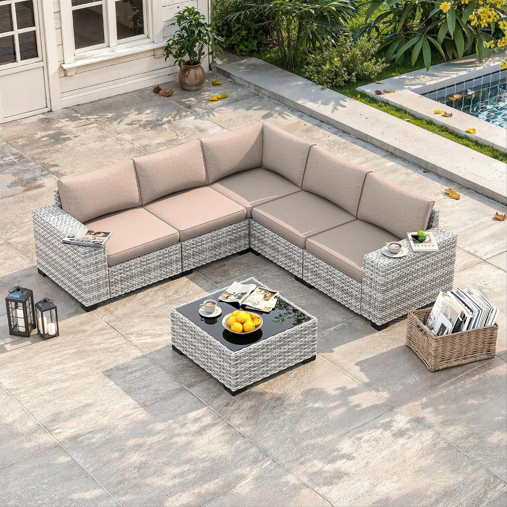6 Piece Outdoor Wicker Patio Furniture Set Rattan Outdoor Sectional Sofa