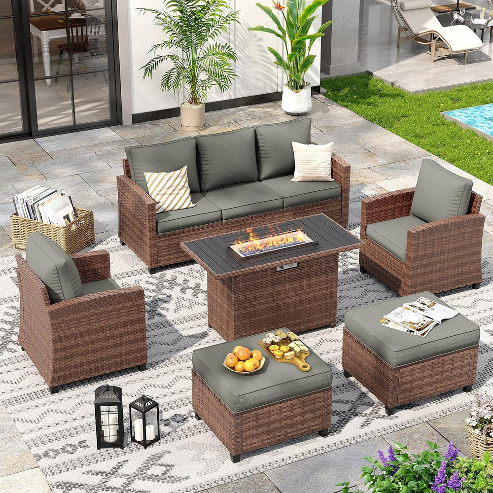 6 PCS Patio Furniture Set with Fire Pit,Rattan Patio Set,Dark Grey