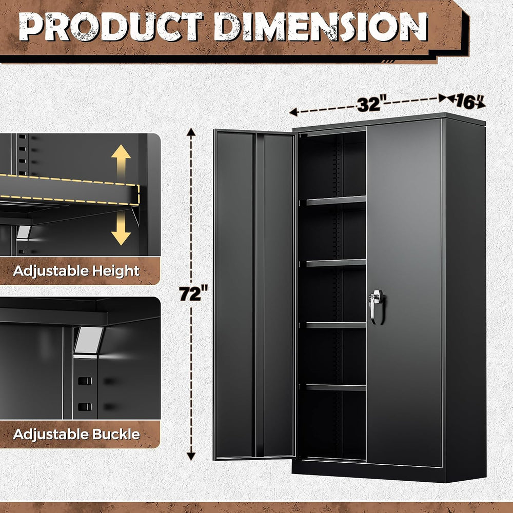 Metal Storage Cabinet, 72” H Storage Cabinet with 2 Doors and 4 Adjustable Sh...