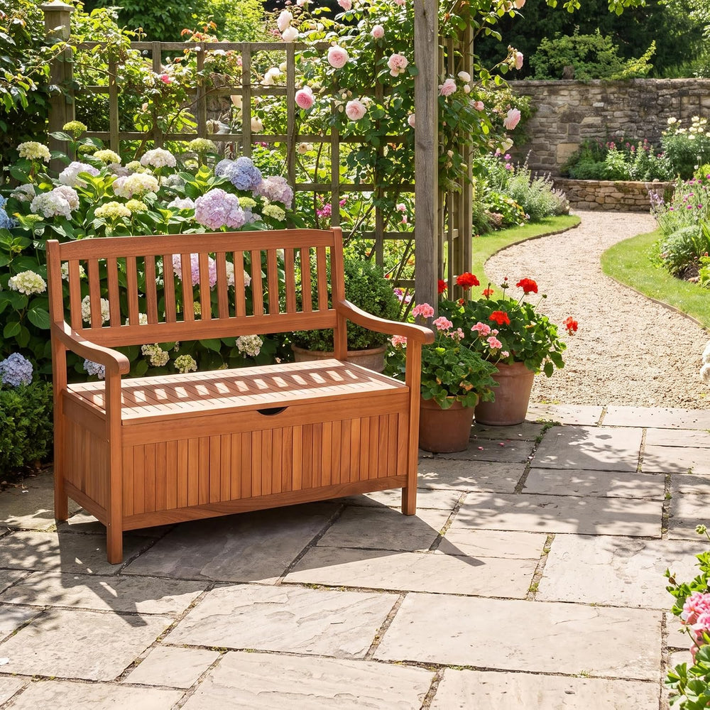 LDAILY 33 Gal Eucalyptus Outdoor Storage Bench, 705 lbs Capacity Deck Box