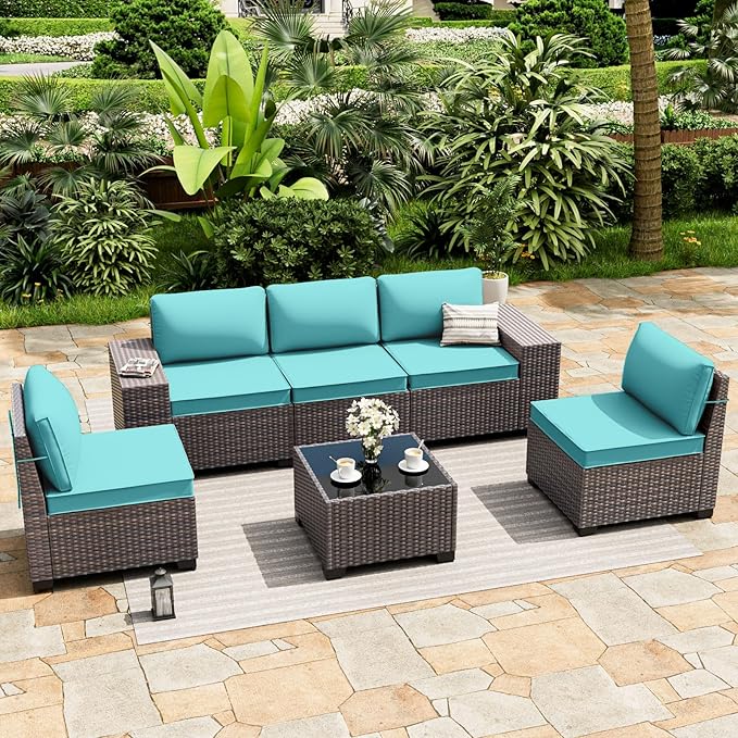 ALAULM 6 Pieces Patio Furniture Set, Oversized Seat/Armrest and High Back Wic...