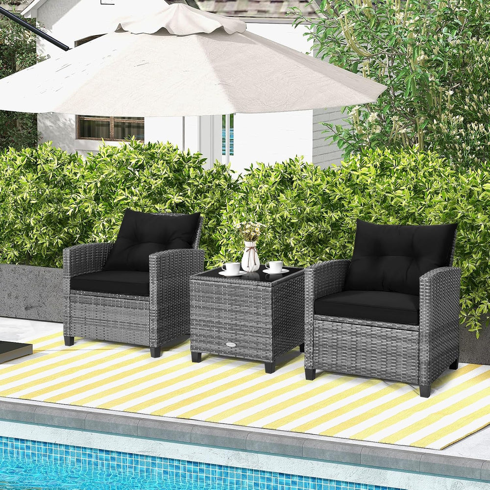 Tangkula 3 Pieces Patio Furniture Set, Outdoor PE Rattan Conversation Chair S...