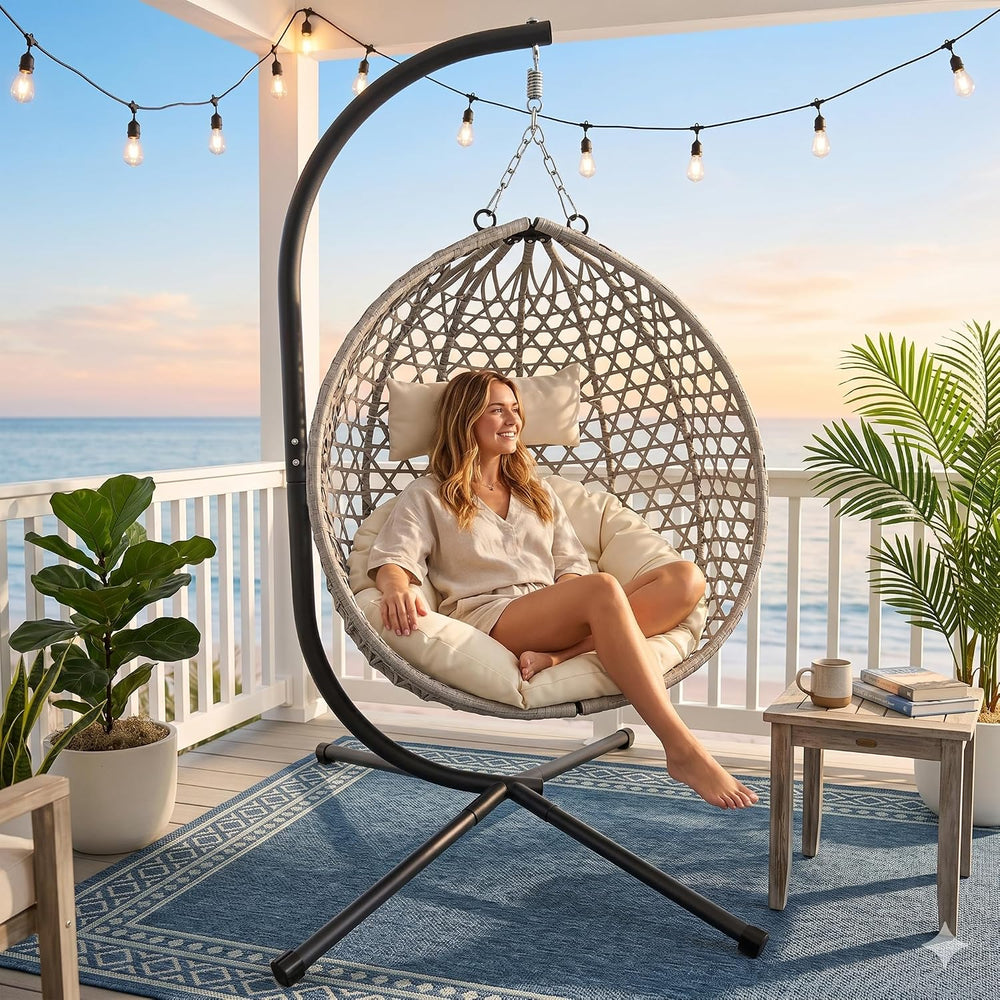 Hanging Egg Chair with Stand, Wicker Egg Swing Chair with Cushion & Headr...