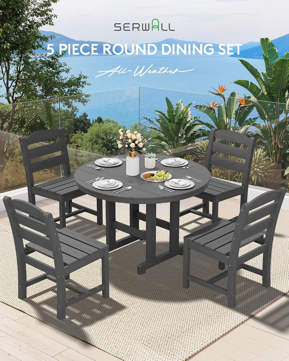 SERWALL 5-Piece Patio Dining Set, 45" Table & 4 Armless Chairs, Grey