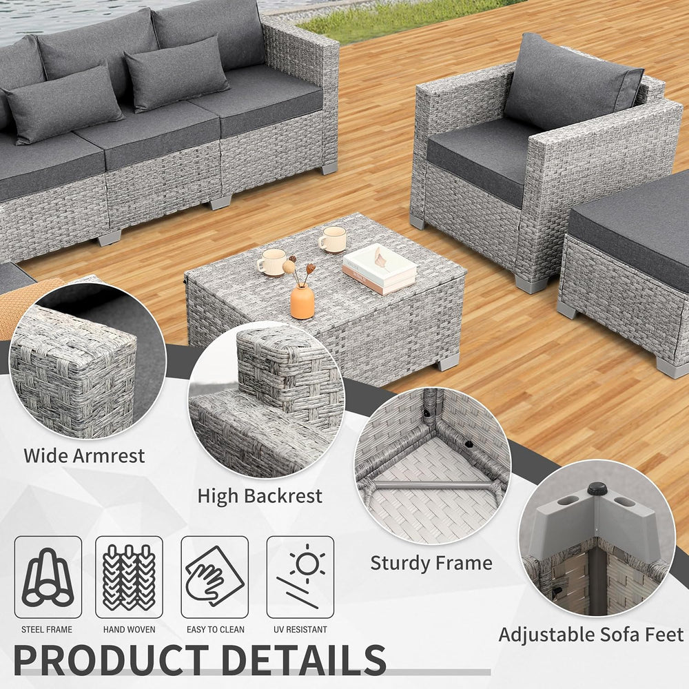 WAROOM Patio Furniture Set 6 Piece PE Rattan Outdoor Conversation Sets Grey W...