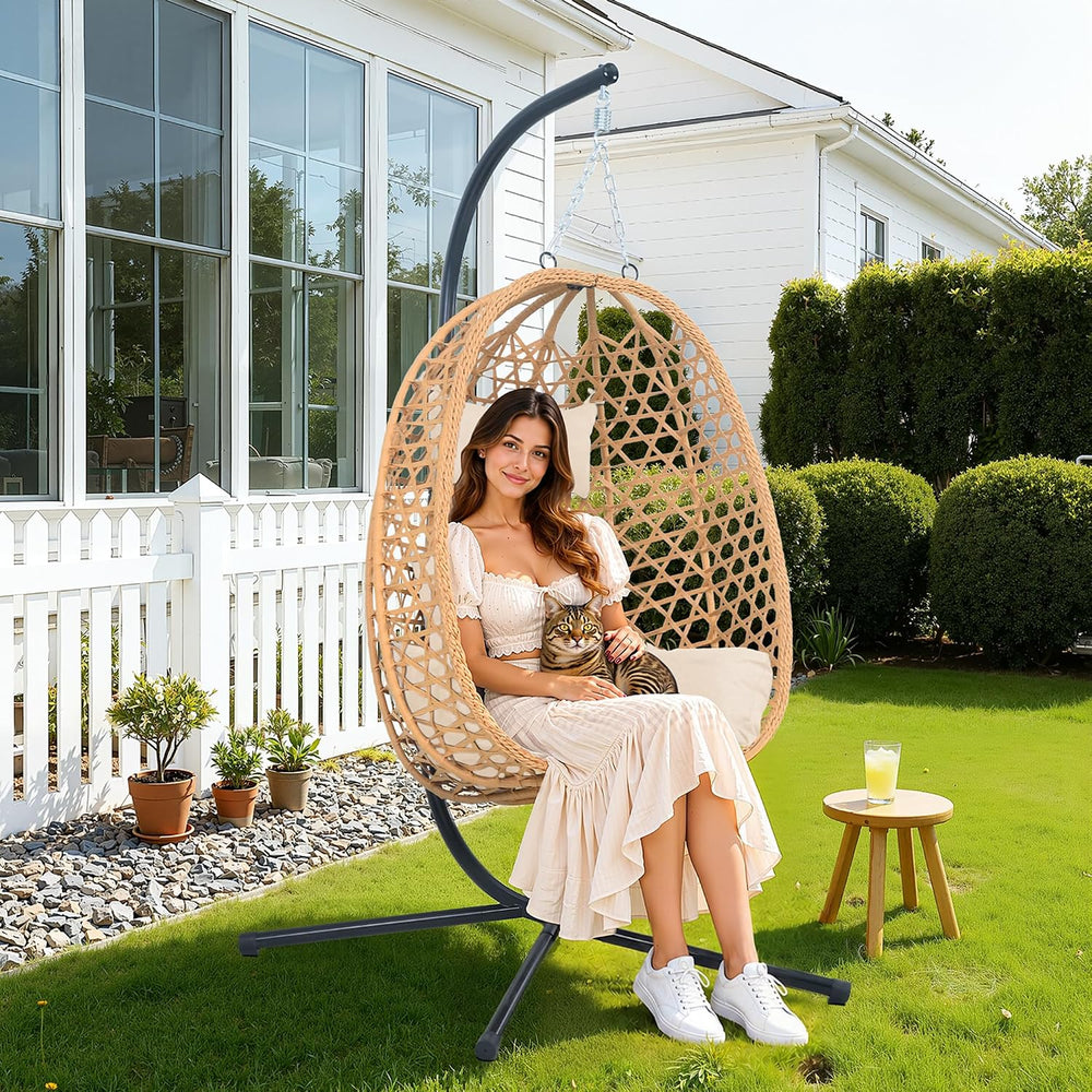 EortheX Hanging Swing Egg Chair with Stand, 350LBS Capacity, Cream