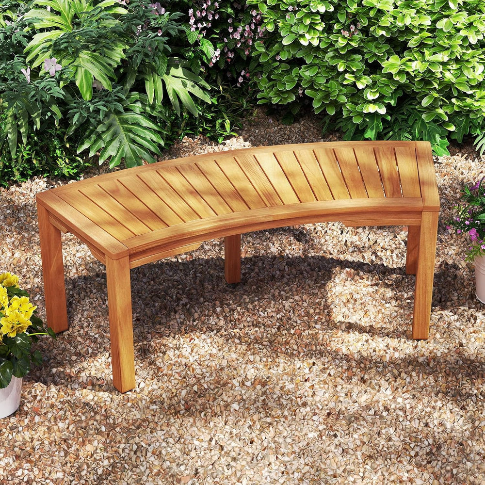 Moccha Outdoor Curved Bench, Acacia Wood Fire Pit Bench w/Slatted Seat, Loves...