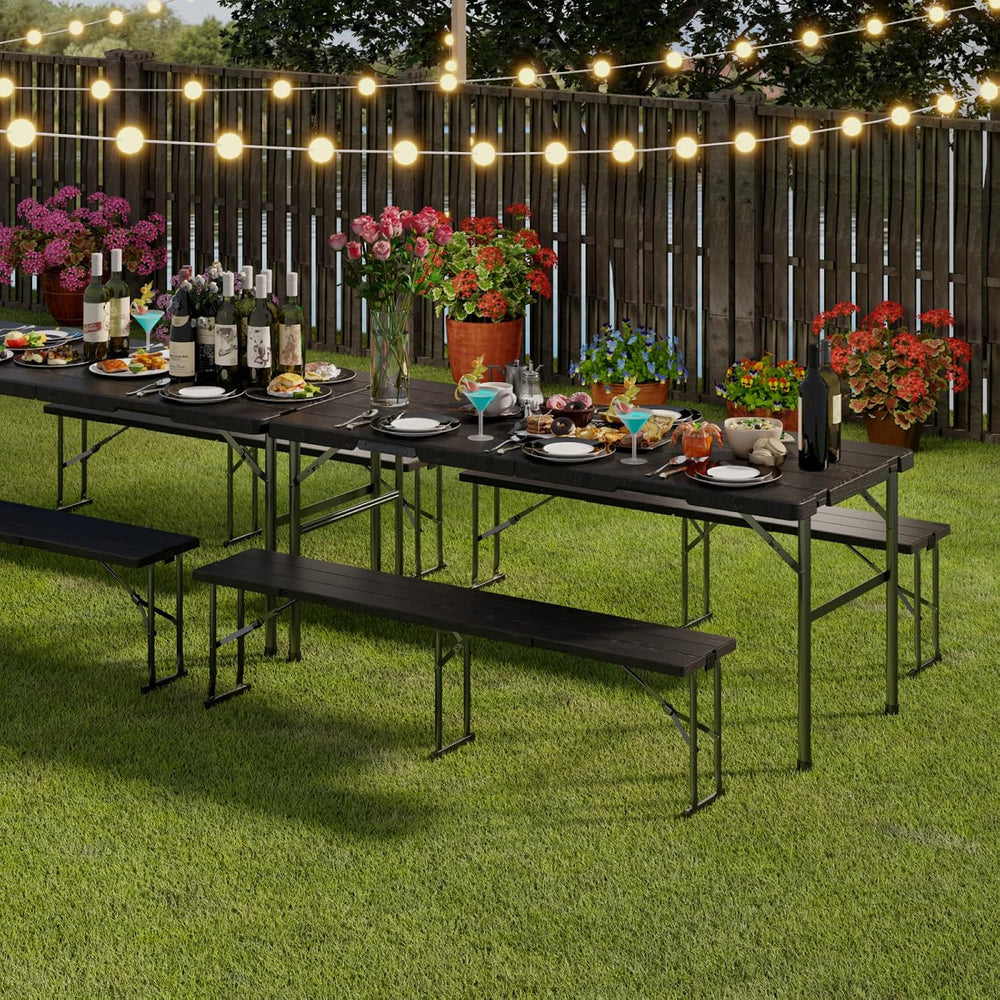 6FT Folding Table with 2 Benches for Picnic, Party, Camping, School, Black