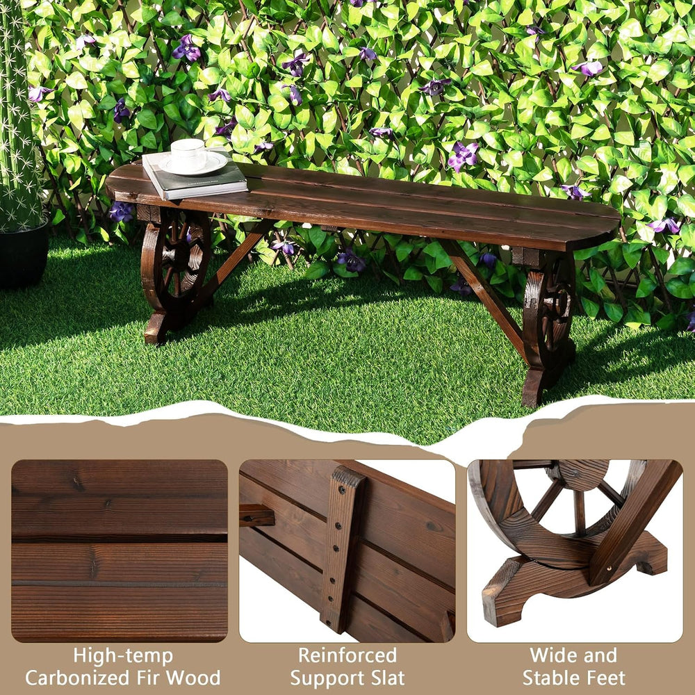 GIANTEX 2-Person Wooden Outdoor Bench with Wagon Wheel Legs, Slatted Seat, Ru...