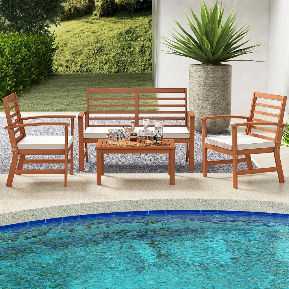 Tangkula 4 Pieces Outdoor Furniture Set, Acacia Wood Conversation Set w/Soft ...