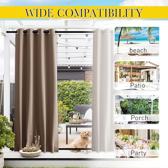 NICETOWN 2 Panels Outdoor Curtains for Patio Waterproof Top & Bottom Grom...