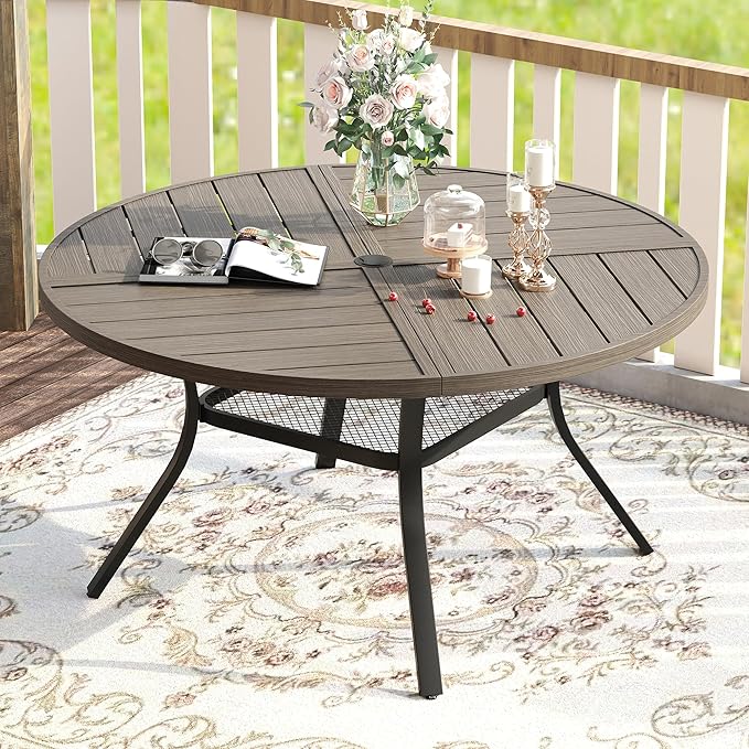 VICLLAX Round Patio Table with Adjustable Umbrella Hole for 6, All Weather Me...