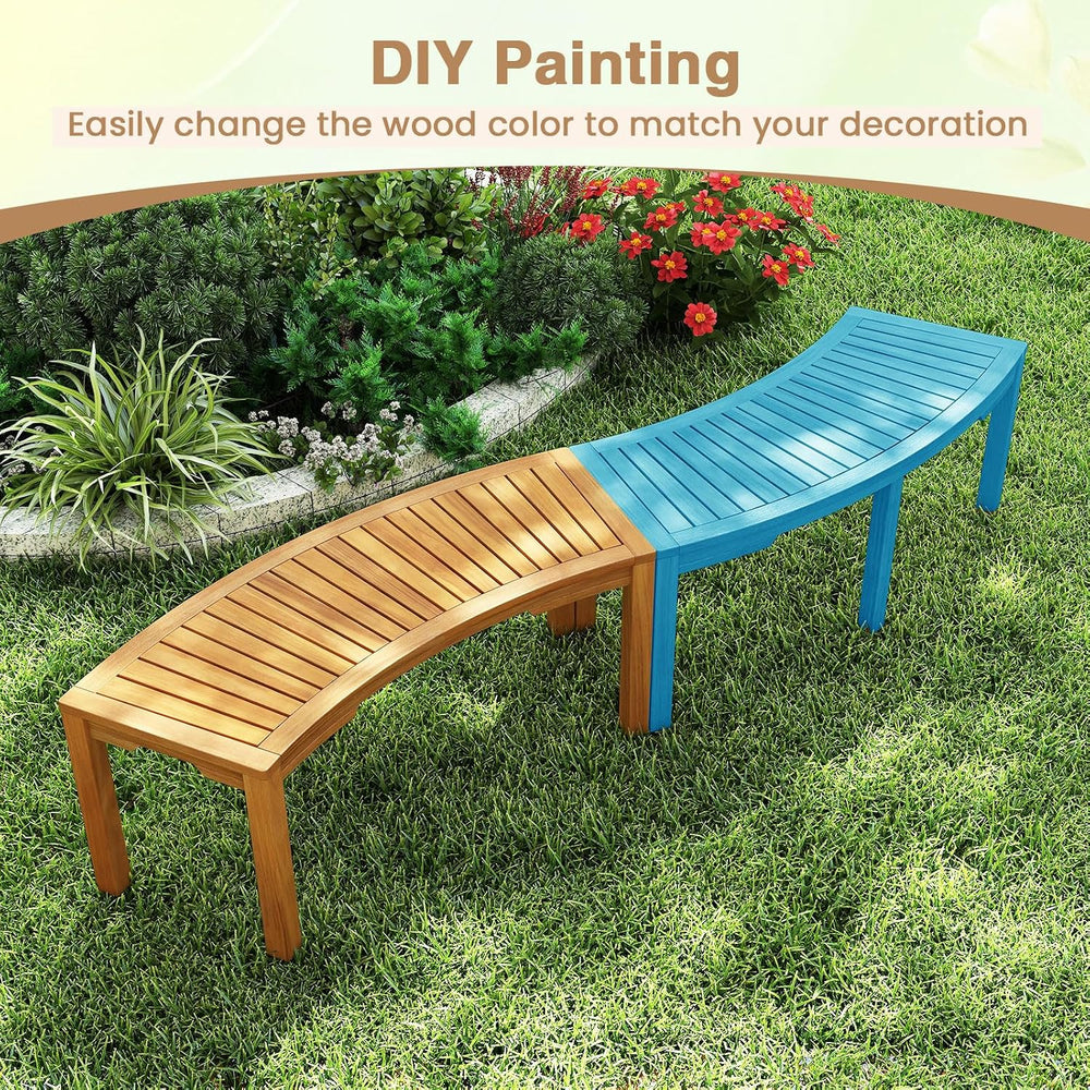 RELAX4LIFE Wooden Outdoor Curved Bench - Acacia Wood Garden Bench w/Slatted S...