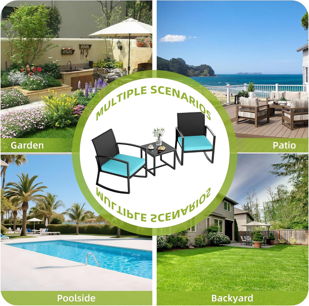 3 Pieces Outdoor Patio Set -Wicker Rattan Chair Conversation Set with Glass T...