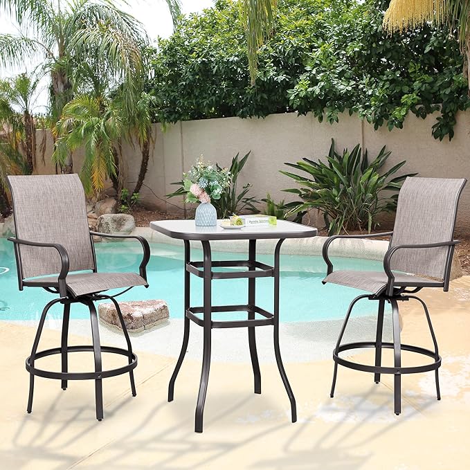 Vongrasig 3 Piece Patio Swivel Bar Set, All Weather Mental Textilene High Swi...