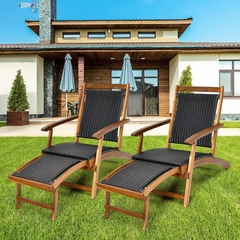 COSTWAY Patio Folding Rattan Lounge Chair, Acacia Solid Wood Frame