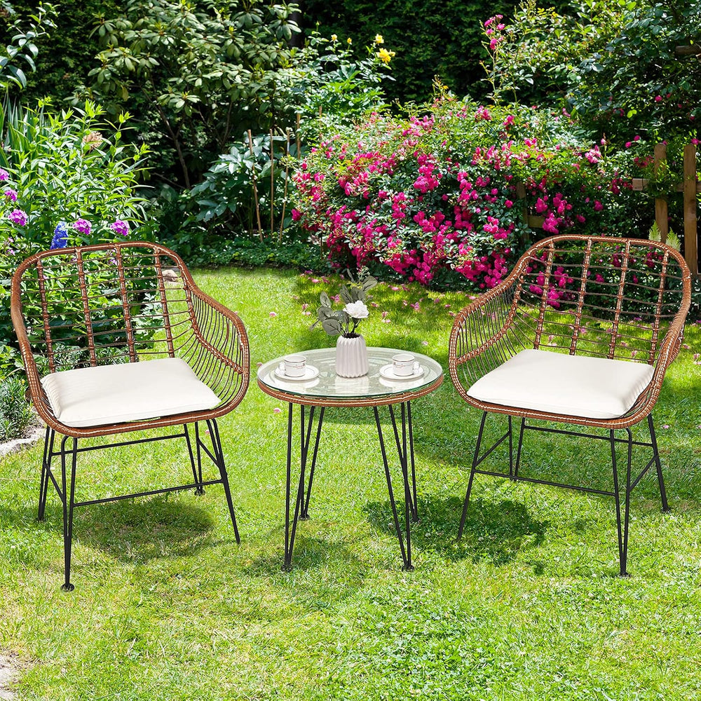 Tangkula 3 Pieces Patio Conversation Bistro Set, Outdoor Wicker Furniture w/R...