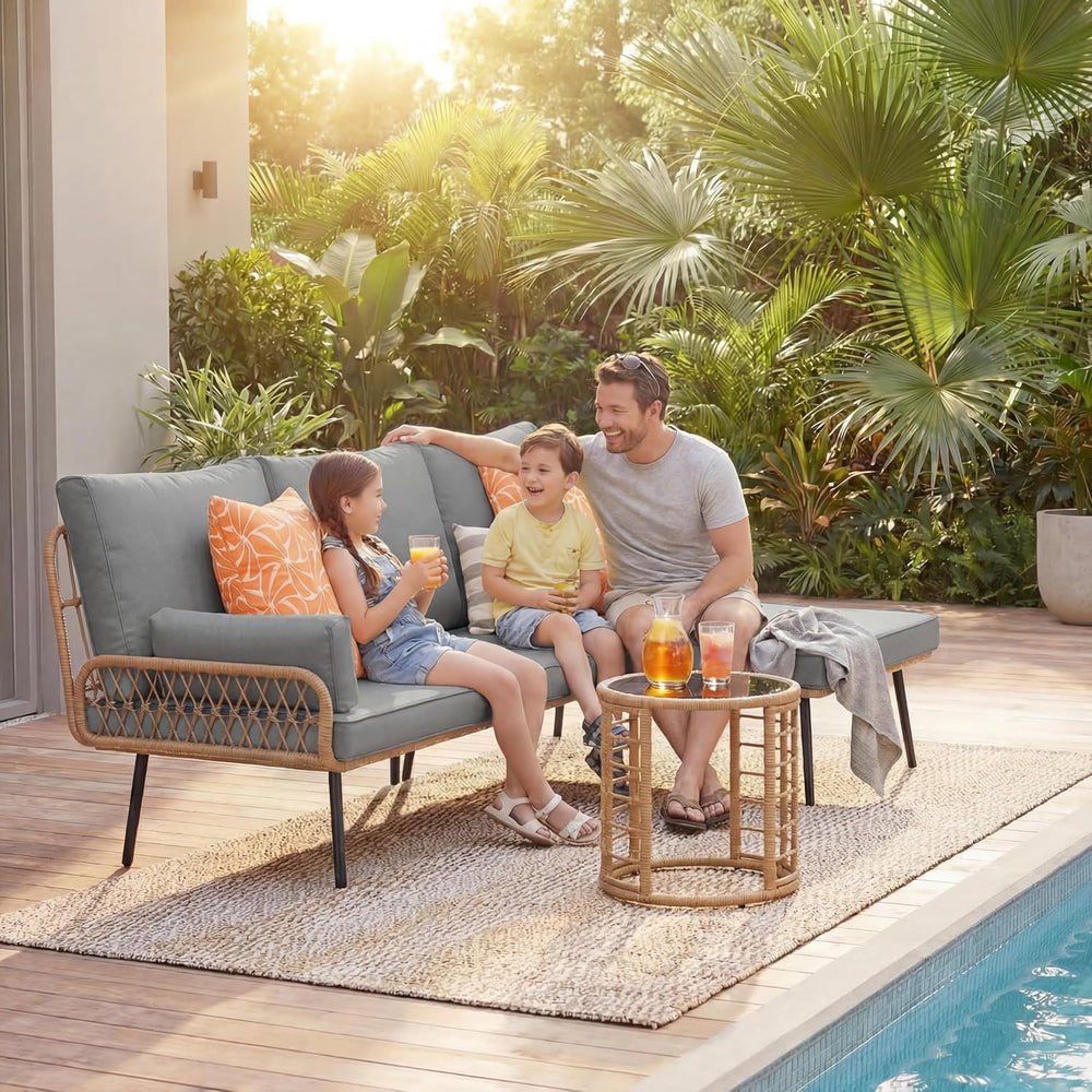 Gizoon 3-Piece Outdoor Patio Furniture Set, PE Wicker L-Shaped Sofa Grey