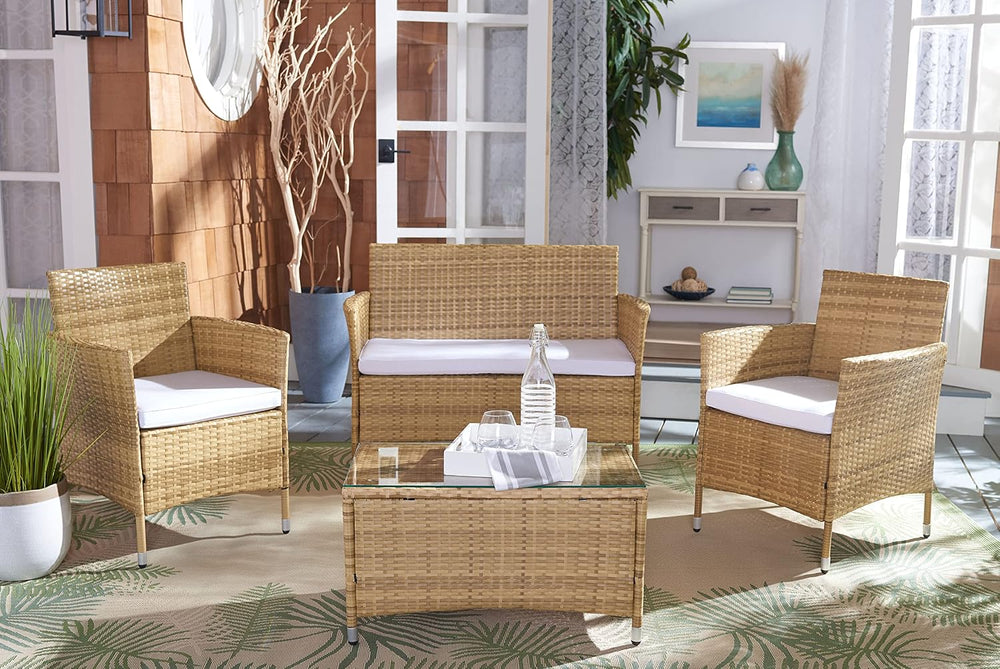 SAFAVIEH Outdoor Collection Bandele Natural/White Cushion 4-Piece Conversatio...