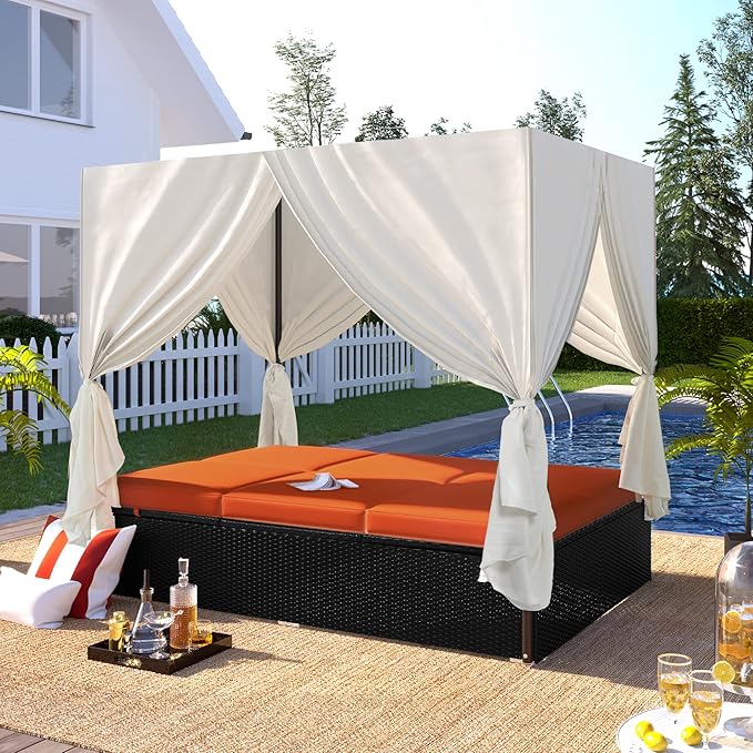 Patio Chaise Lounge, PE Rattan Outdoor Patio Wicker Sunbed Daybed with Adjust...