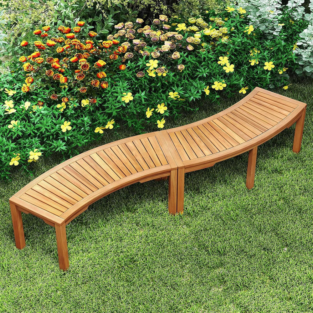 RELAX4LIFE Wooden Outdoor Curved Bench - Acacia Wood Garden Bench w/Slatted S...
