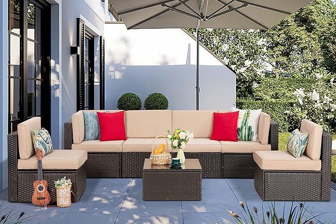 Vongrasig 7 Pieces Patio Furniture Sets, Outdoor Patio Conversation Set PE Ra...