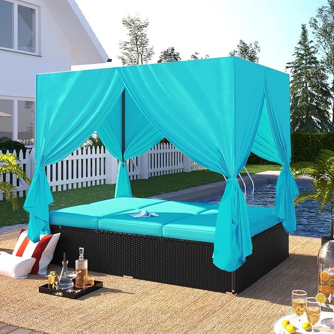 Patio Chaise Lounge, PE Rattan Outdoor Patio Wicker Sunbed Daybed with Adjust...