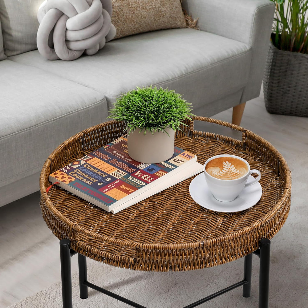 DINGTAI Small Wicker Round End Table, 16.5 in Rattan End Tables with Removabl...