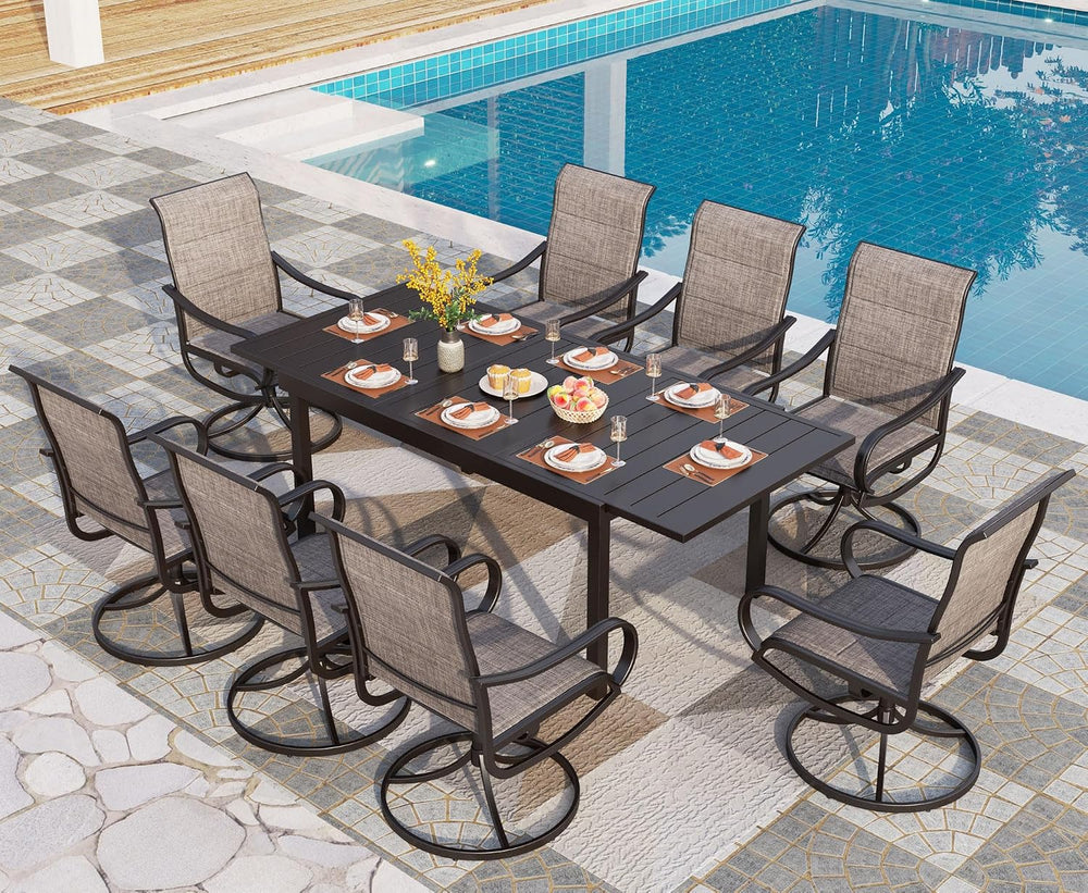 PHI VILLA Patio Dining Set for 8 w/ Expandable Table & Padded Swivel Chairs