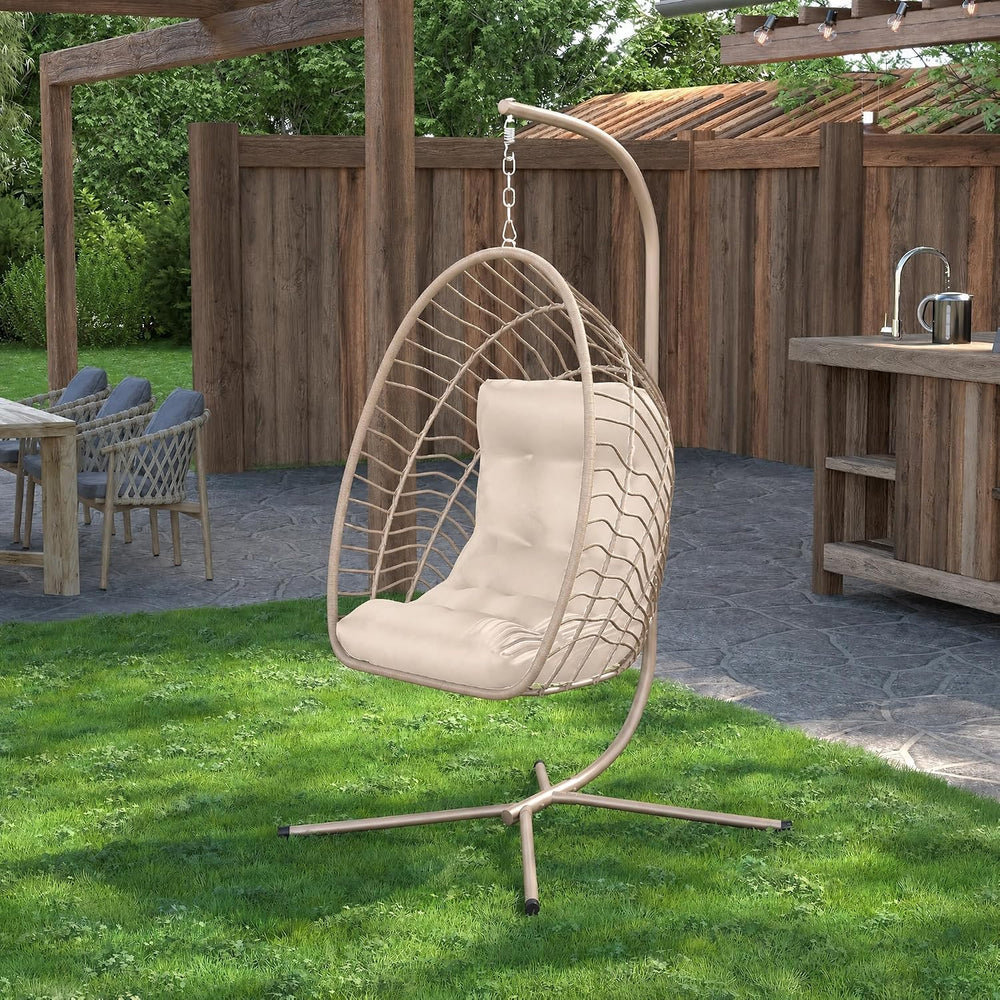 Kingdura Hanging Egg Chair with Stand Indoor Outdoor, Foldable Rattan Wicker ...
