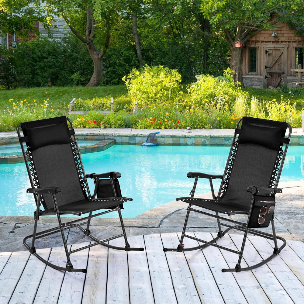 Yaheetech Patio Rocking Chair Folding Camping Chair with Pocket, Black